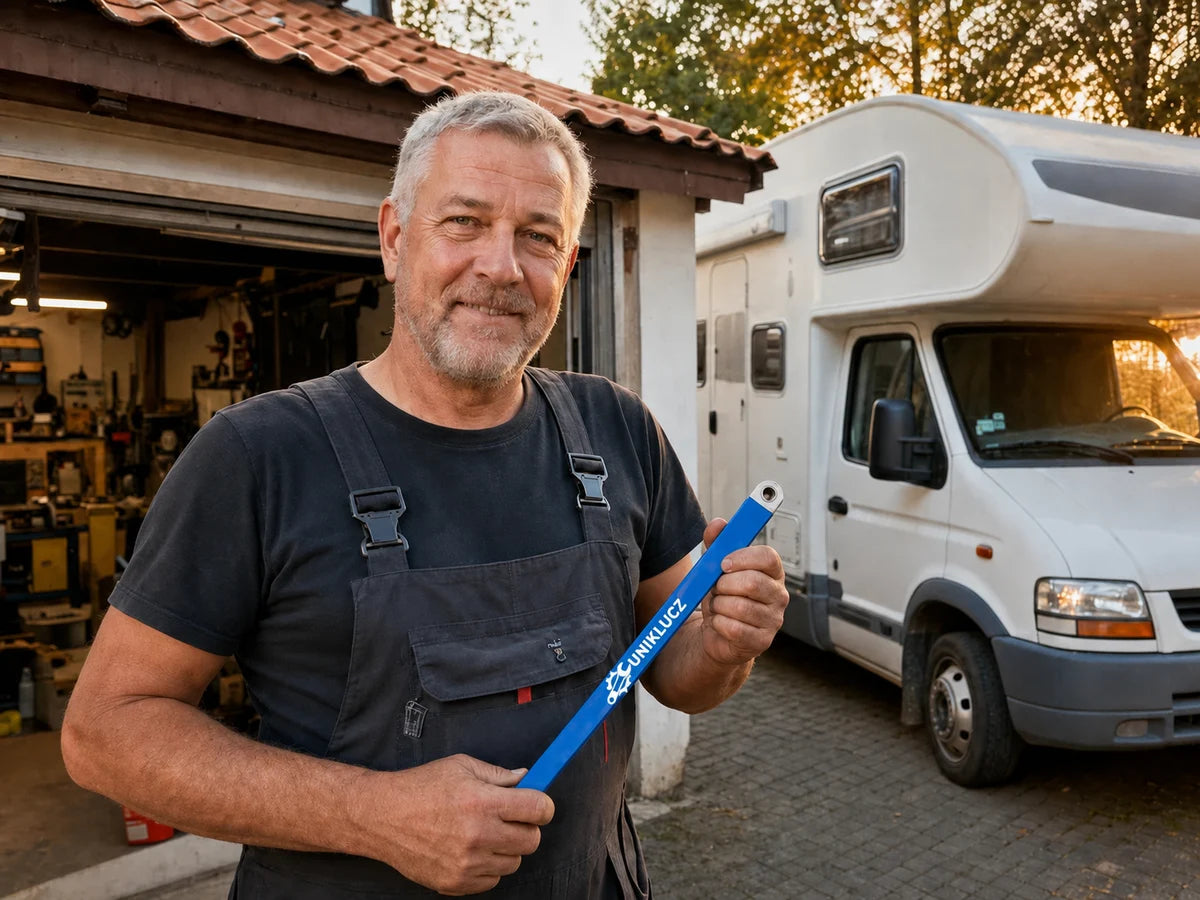 Andrzej trzyma Uniklucz przy kamperze